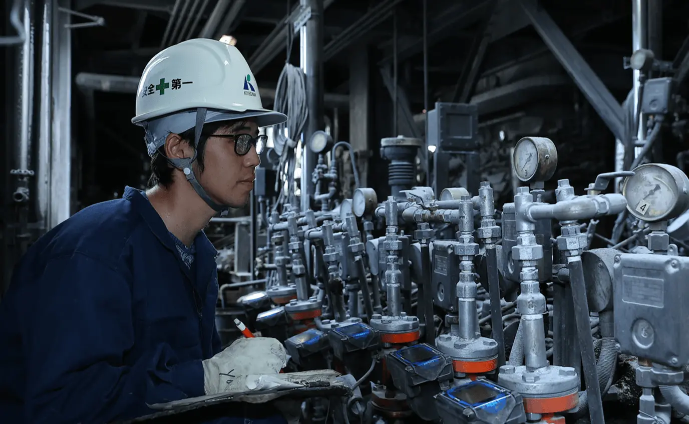 工場内で作業員が安全ヘルメットと保護メガネを着用し、並んだ計器やバルブの数値を確認しながら記録を取っている様子。複雑な装置を点検する設備管理作業の様子を示している。
