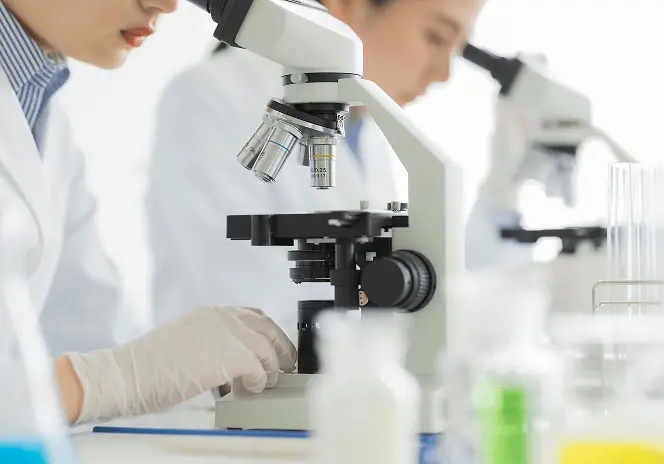 研究者が顕微鏡を覗き込み、検体を観察している様子。前景には科学機器や試薬瓶が並び、研究・分析を行うラボの雰囲気が伝わる構図。