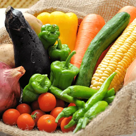 カゴの中に、トマト・ナス・ピーマン・人参・キュウリ・トウモロコシ・タマネギなど多種類の野菜が色鮮やかに盛り付けられている。収穫されたばかりの新鮮な野菜を表現したイメージ。