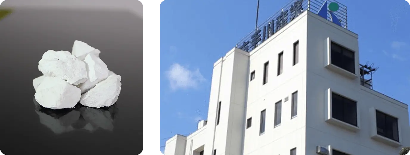 倉庫内に積み上げられたフレコンバッグが整然と並んでいる様子と、青空の下に立つ古手川産業の本社ビル外観